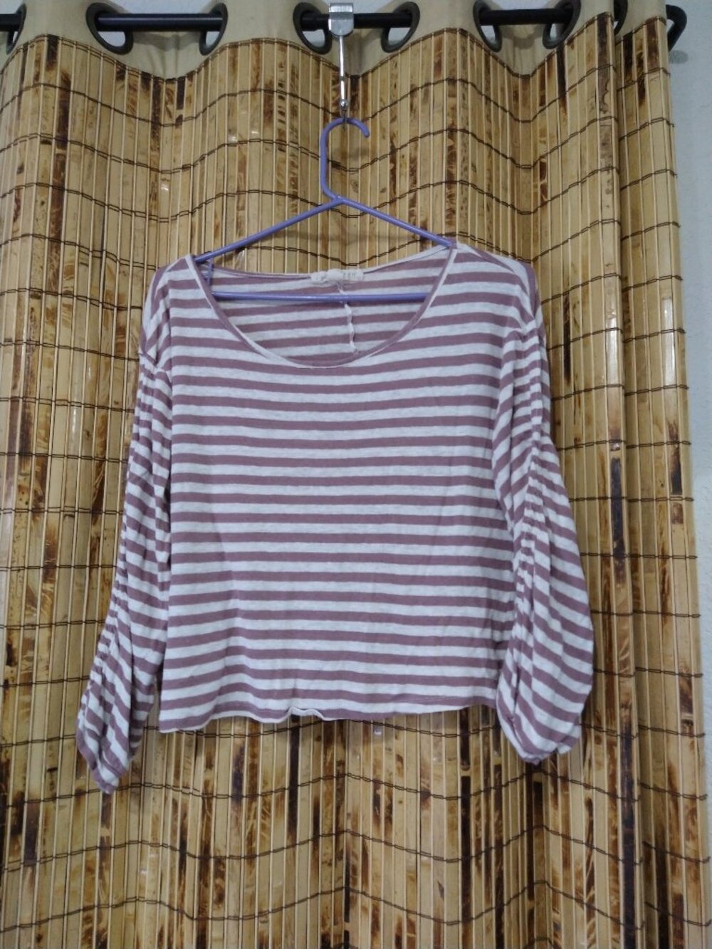 Mauve & White Striped Draped Gathered Sleeve Long Sleeve Top